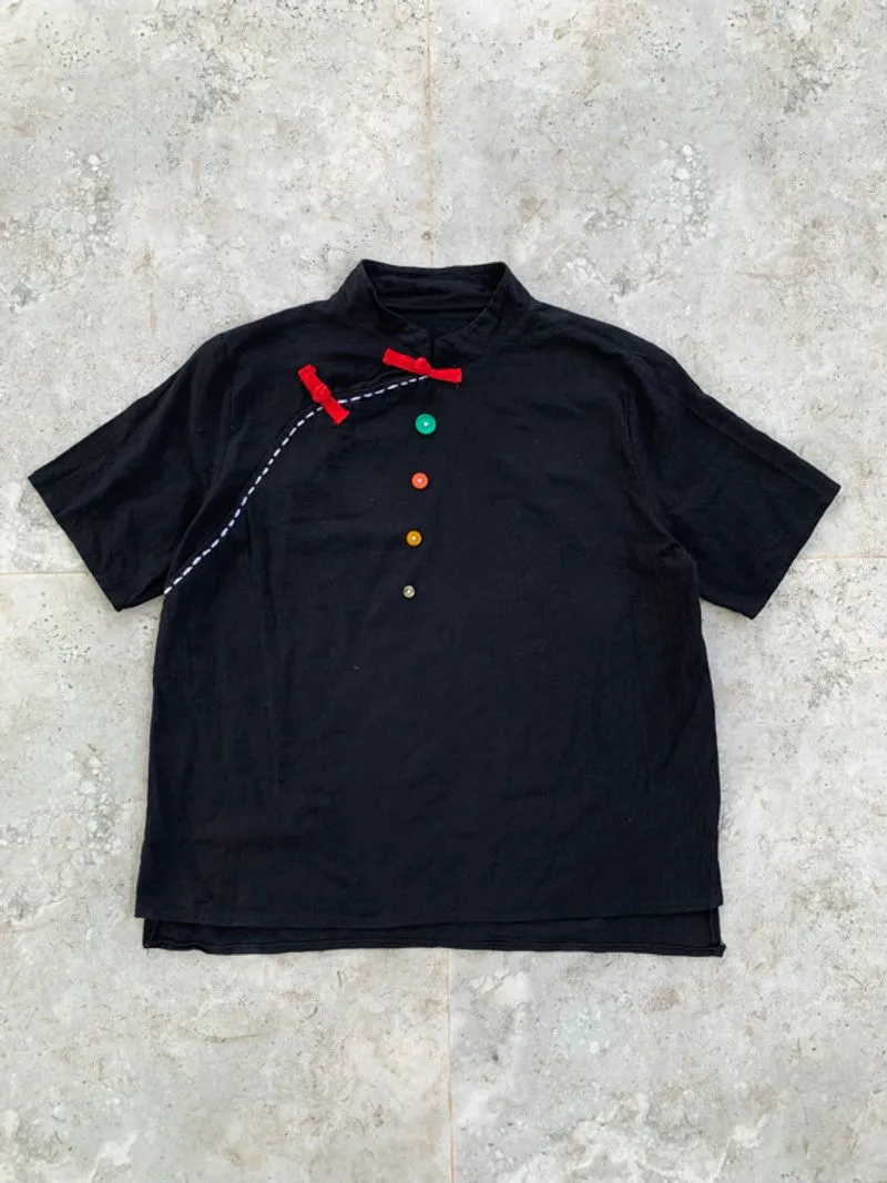 Asymmetric Black Multicolor Button Cheongsam Shirt photo 1