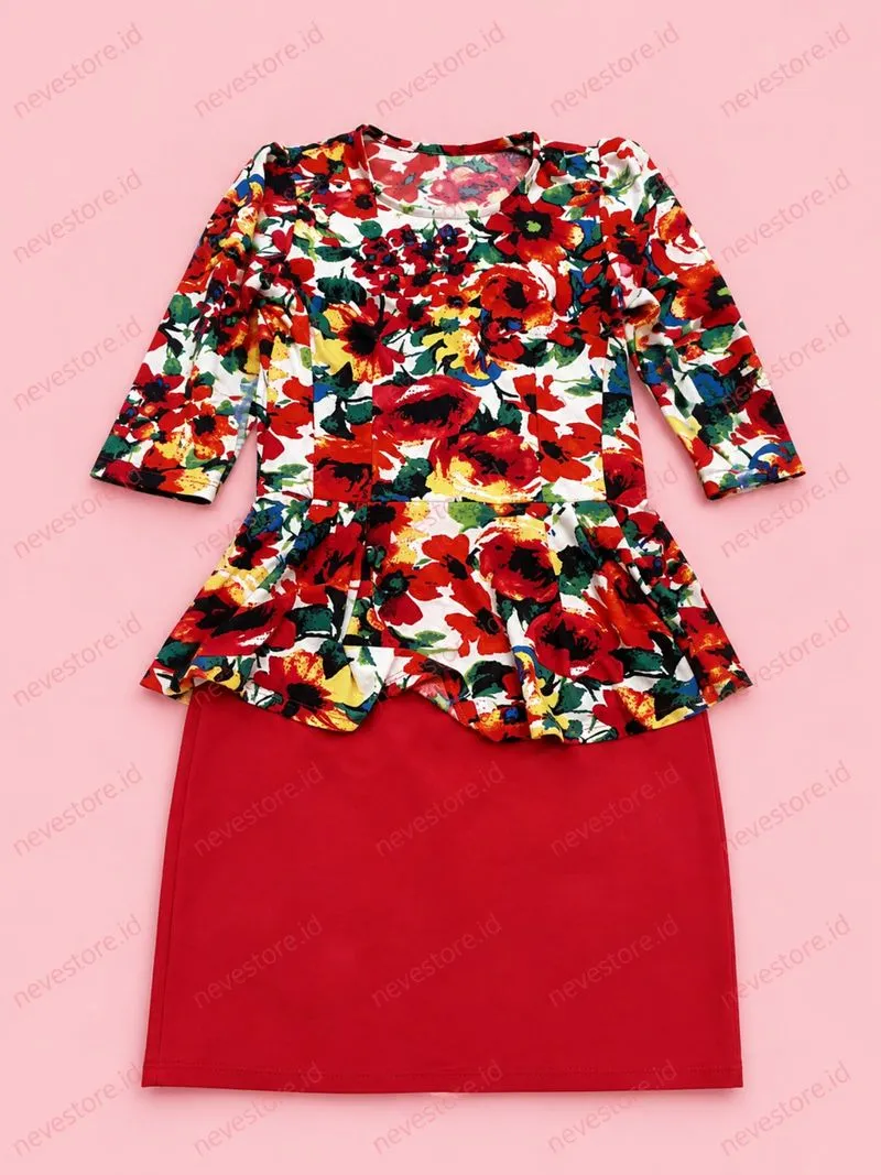 Midi Dress Peplum Red Floral photo 1