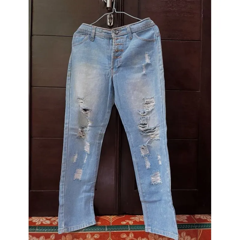 CELANA JEANS KOREAN STYLE WANITA MOTIF JEANS DENIM LIGHT BLU photo 1