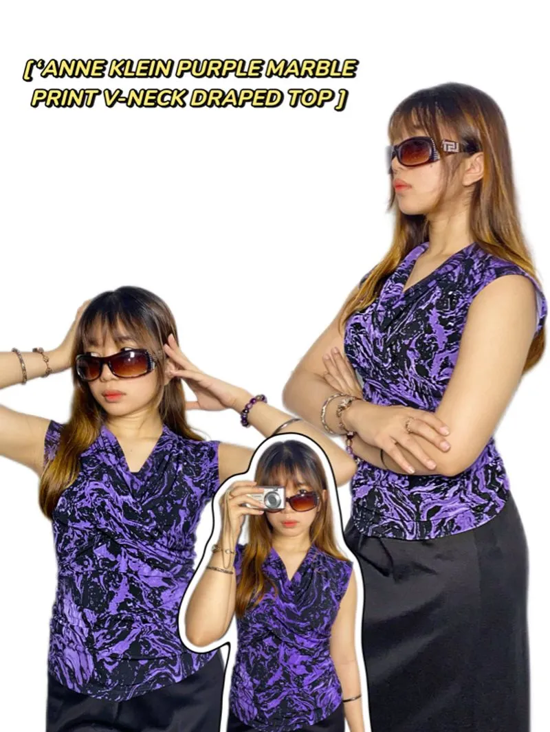 ‘Anne Klein’ Purple Marble Print V-neck Draped Top photo 1