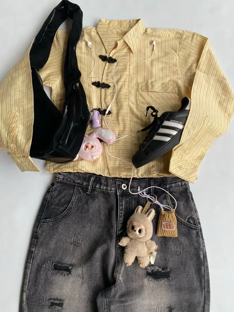 yellow Striped shirt cheongsam boxy photo 1