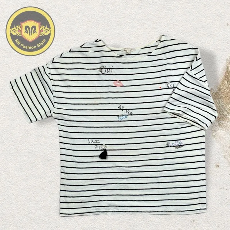 Plastic Island Kaos Wanita Putih Garis-garis Lengan pendek photo 1