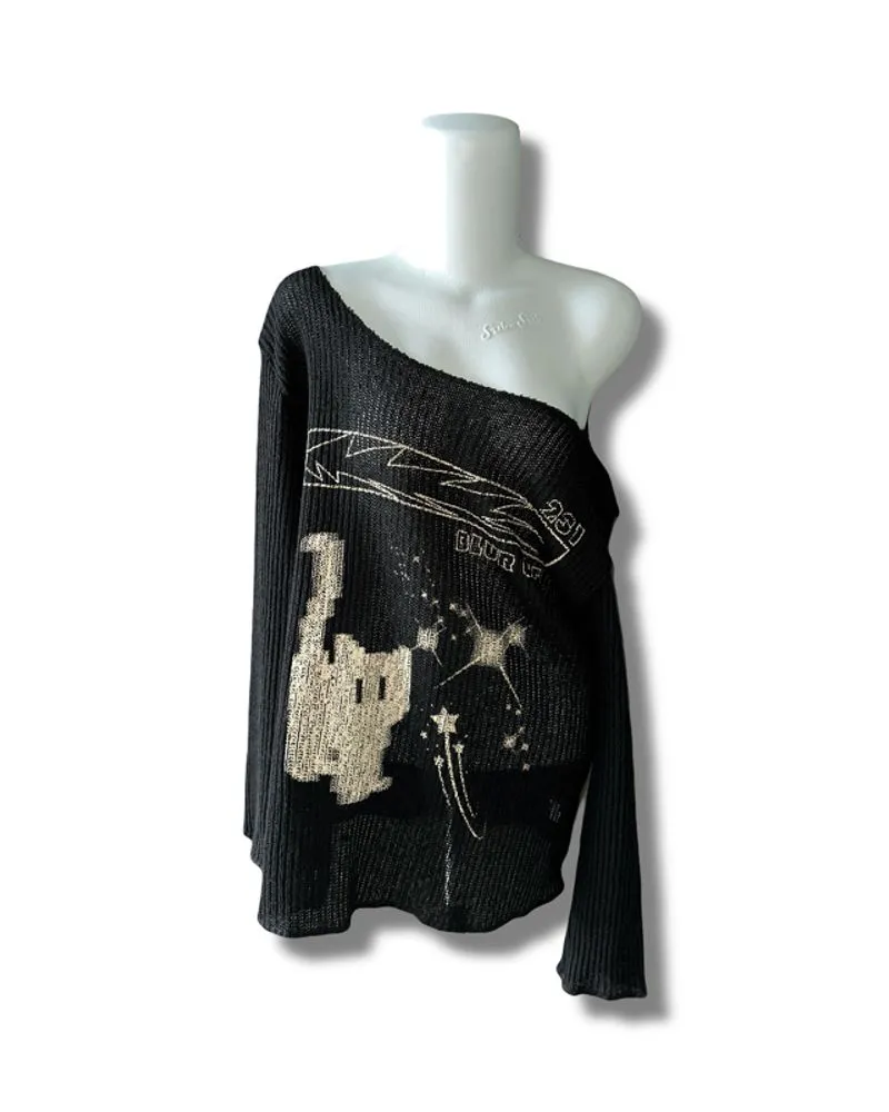 BLUR CAT KNIT OFF SHOULDER TOP photo 1