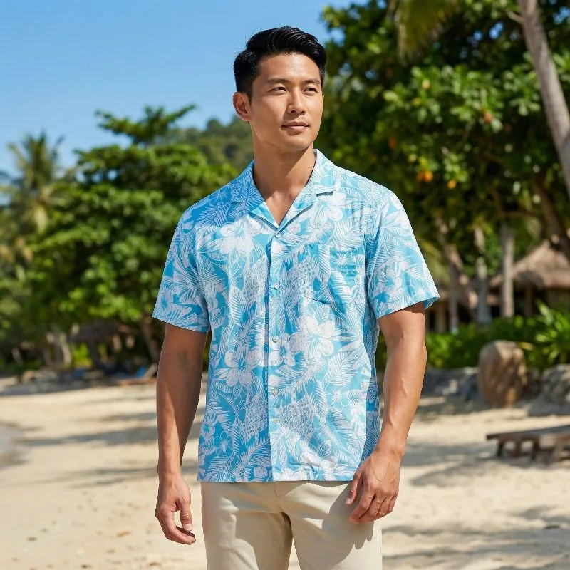 Tropical Essence Men's Blue Floral Hawaiian Shirts USA Made photo 1