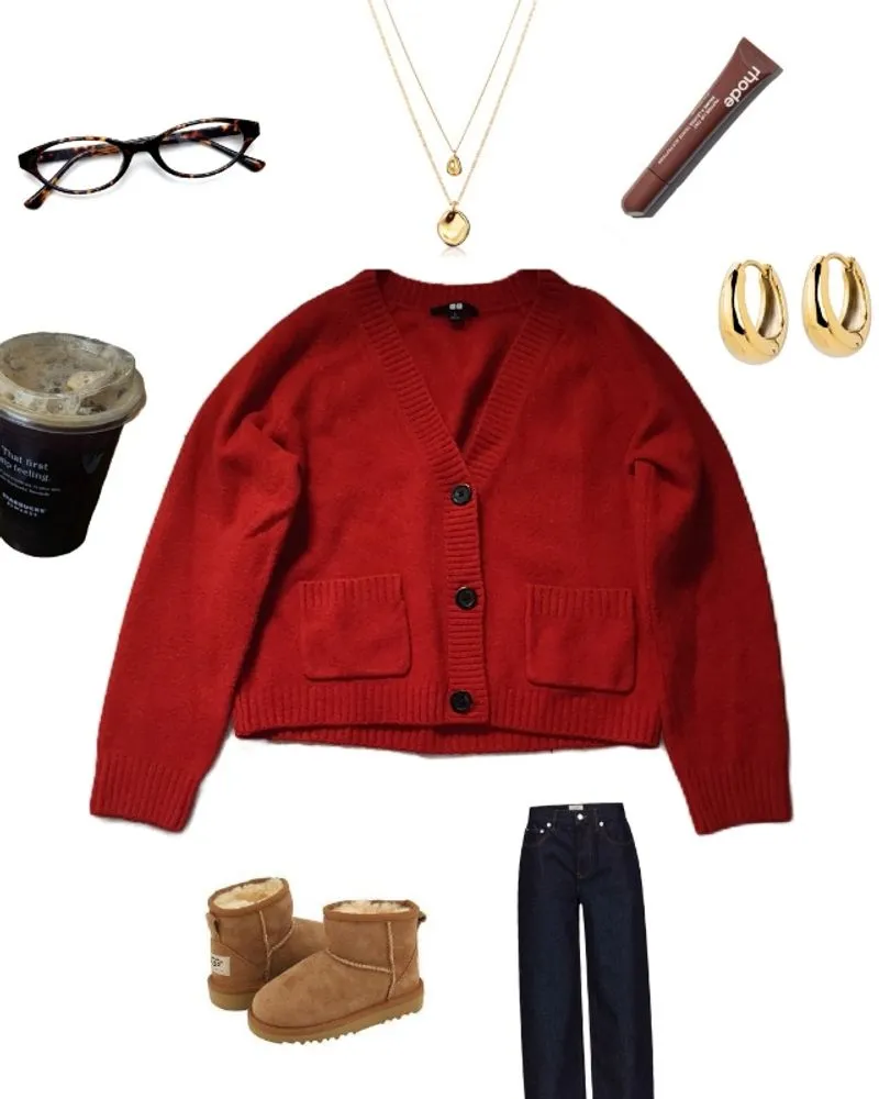 Red Cardigan V Neck photo 1