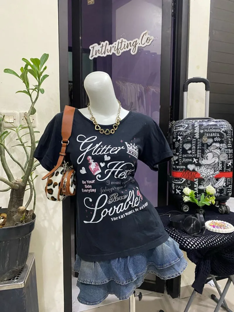 ✧̥˚ Y2K Graphic Baby Tee ✦ Glitter Girl Core 🖤✨ ✧̥˚ photo 1