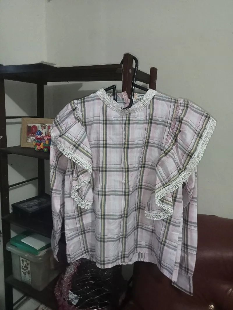 atasan blouse ruffle pink plaid tartan #026 photo 1
