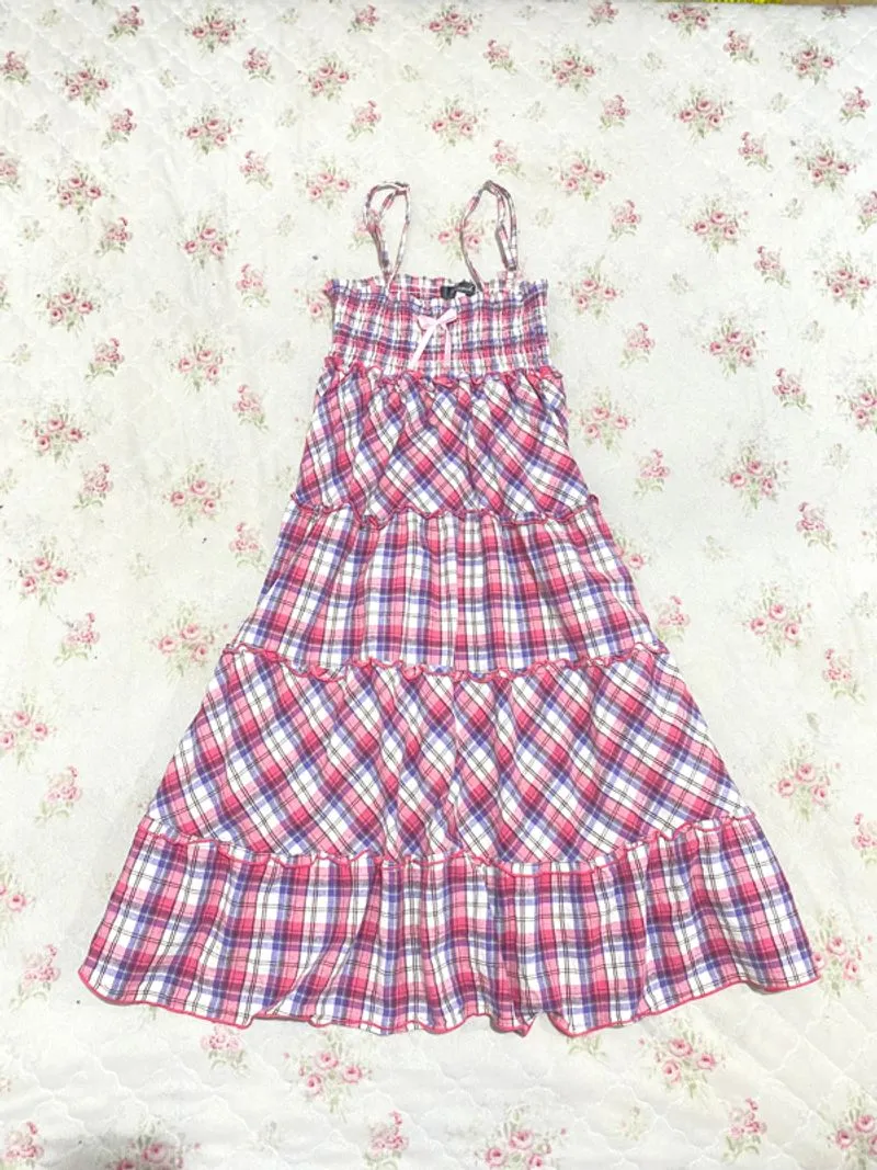 Midi dress babypink gingham umpak smoke tartan coquette💗 photo 1