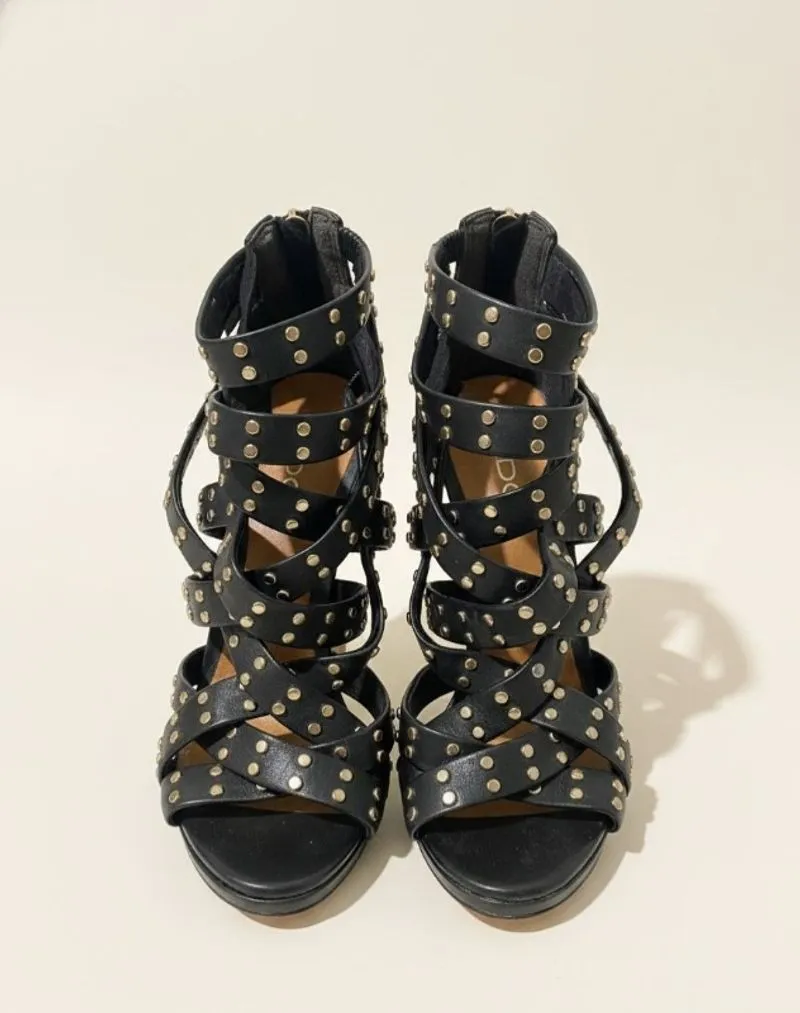 Aldo Glamour Black Gold Studded Strapy High Heels Original photo 1