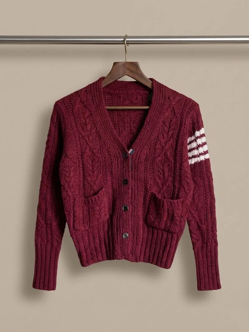 Mirip Thom Browne Luxury Cardigan Knitwear Rajut Kepang photo 1