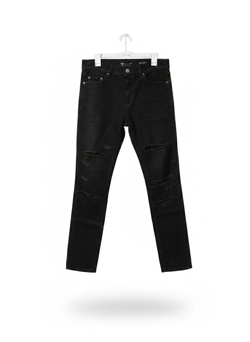 luxury saint laurent black distressed straight jeans photo 1