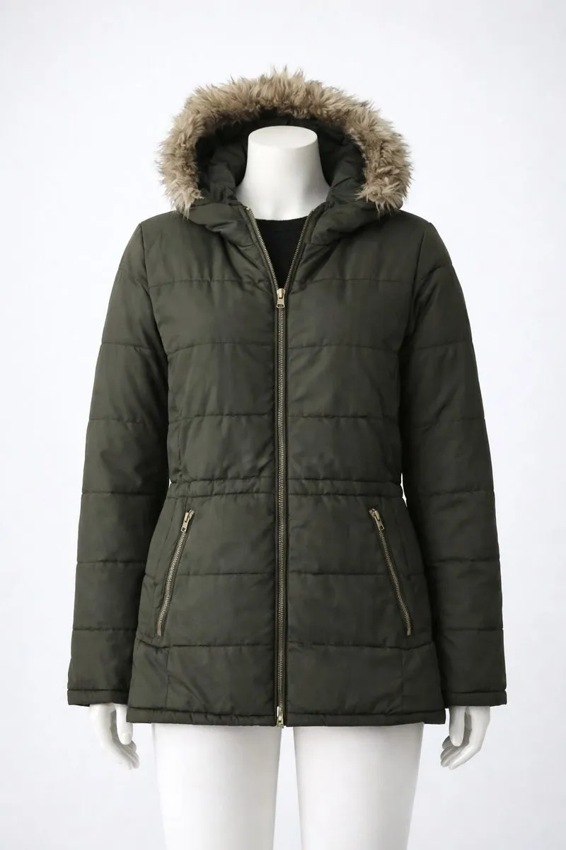 Jaket Puffer Parka Wanita GAP Olive Hoodie Fur Winter Jacket photo 1