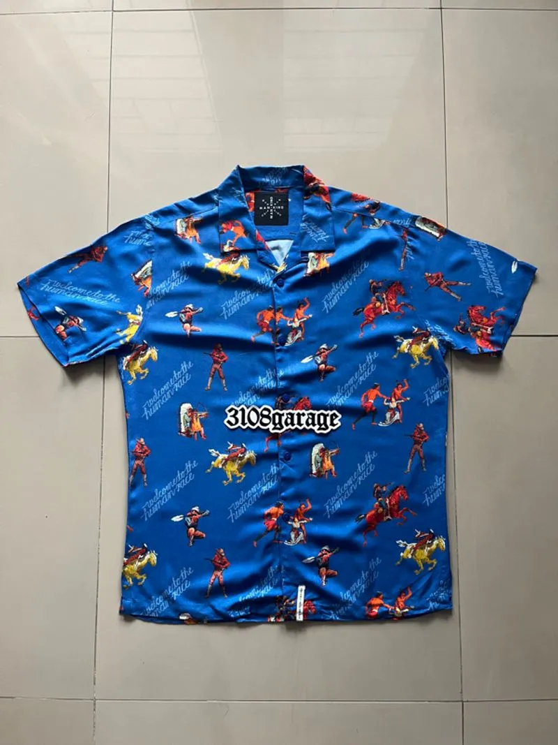 Kemeja Mankind human race blue bowling hawaiian shirt sz M u photo 1