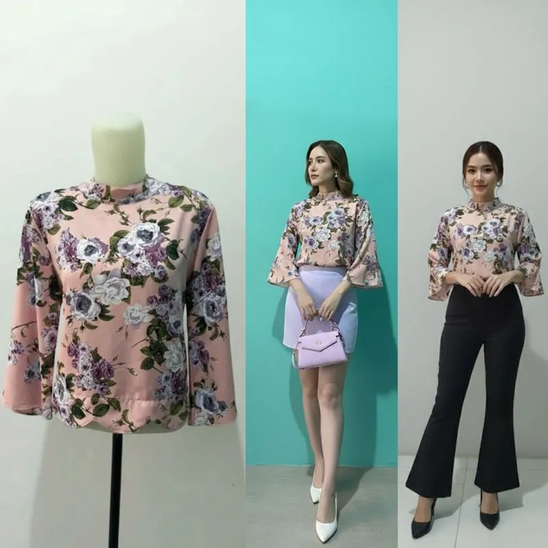 Atasan Blouse Floral Scallop - Motif Bunga Dusty Rose Cantik photo 1