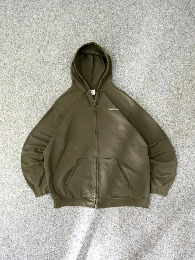 VINTAGE 90S CARHARTT EMBROIDERED MOSS GREEN ZIP HOODIE photo 1