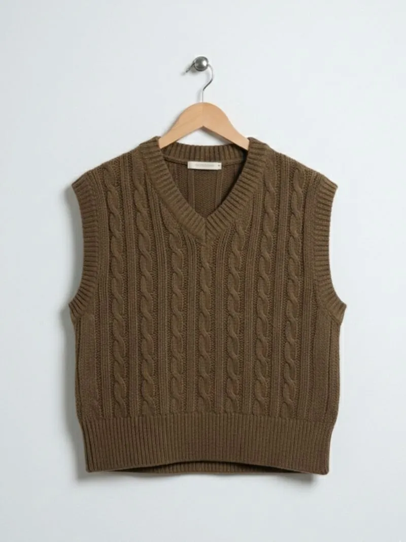 Vest Rajut Cable Knit Brown Olive  photo 1