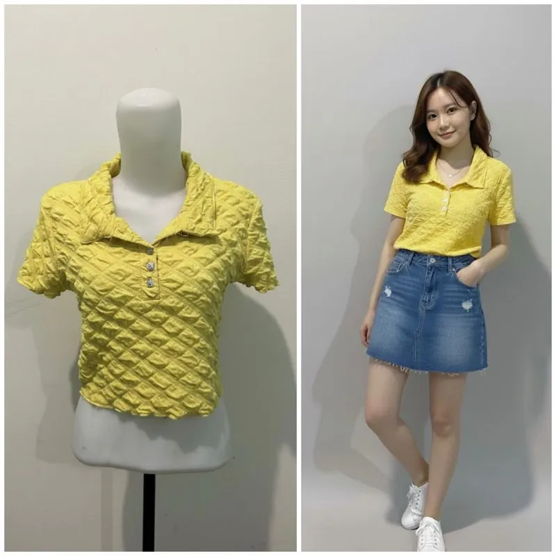 Yellow Textured Polo Crop Top photo 1