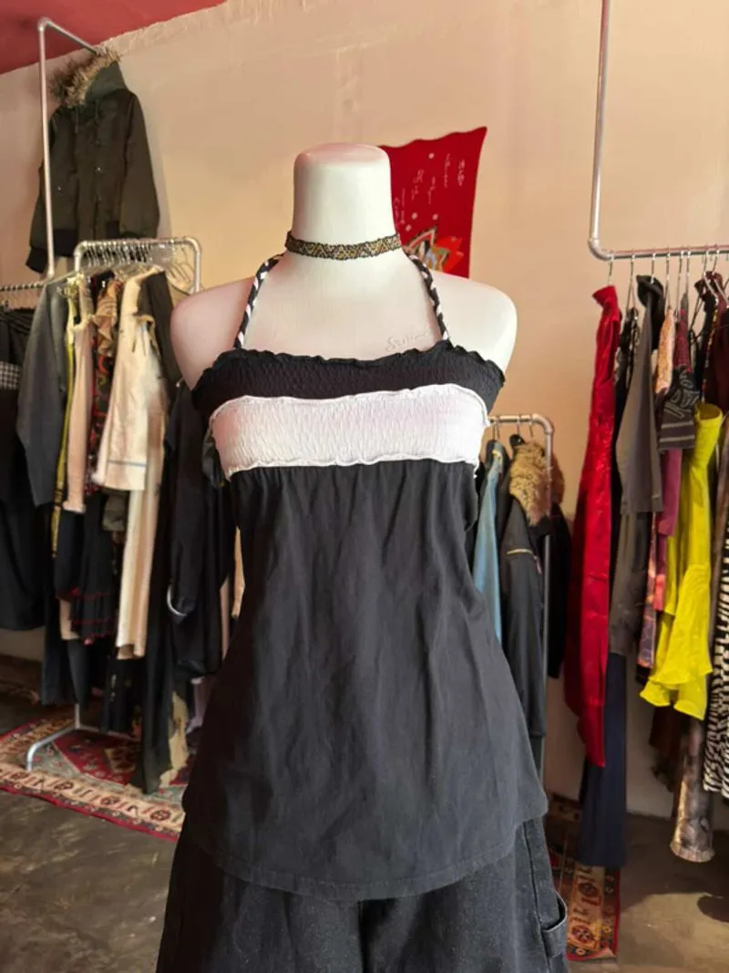 Thrift - black and white ruched halter top photo 1