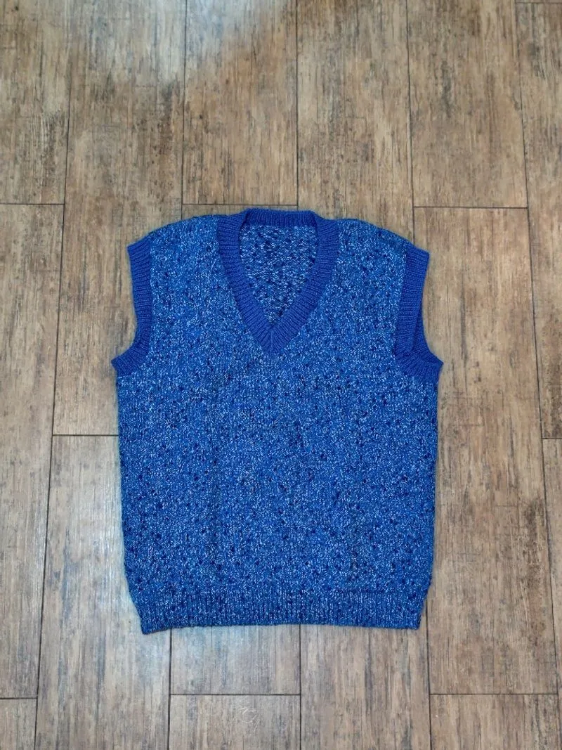 1990s Blue Grain Texture Pattern Thick Japan Knit Vest photo 1