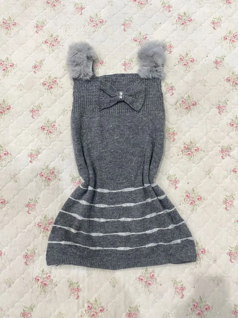 Minidess grey fuzzy knit ribbon coquette kawaii babydoll y2k photo 1