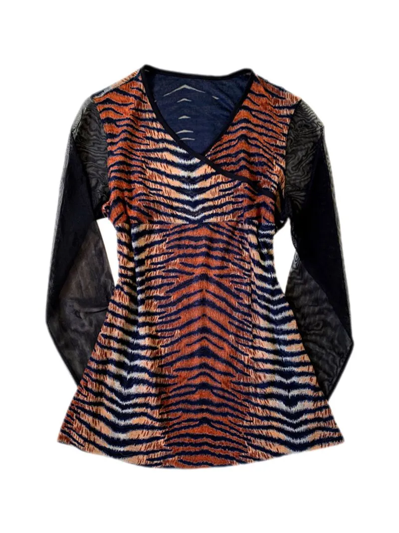 Tiger stripe faux wrap top with sheer mesh sleeves photo 1