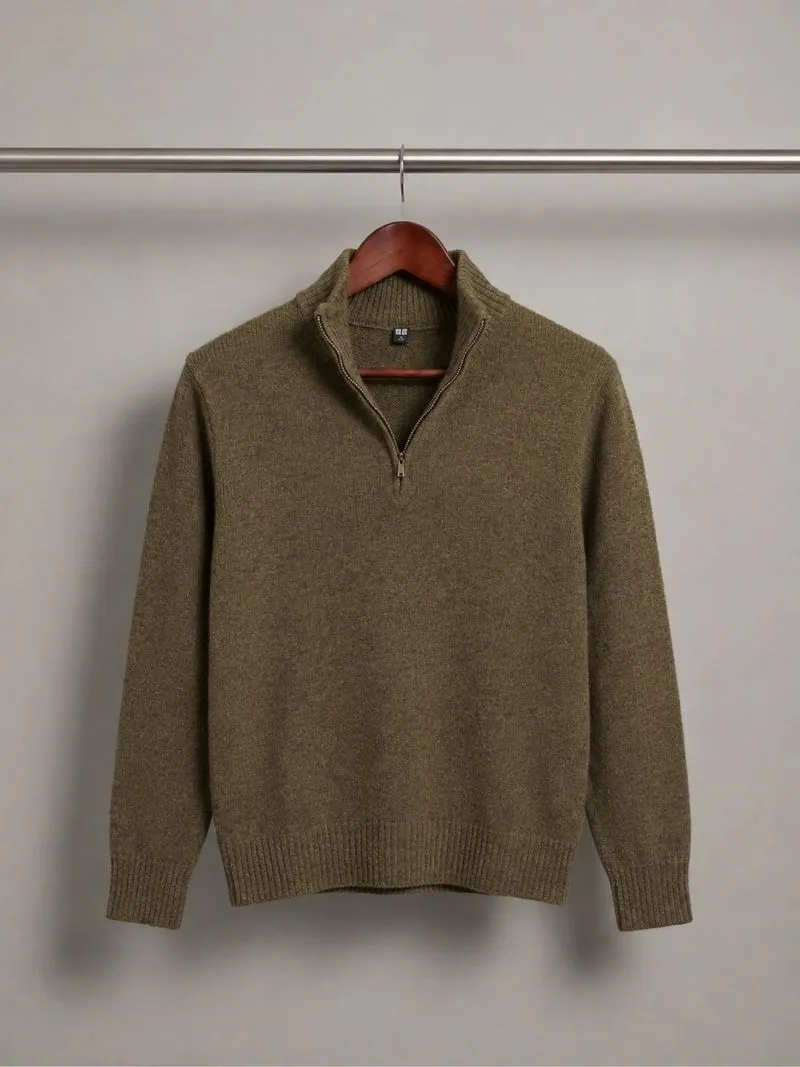 Sweater Knit Uniqlo Half Zipper Rajut Tebal Pria Olive photo 1