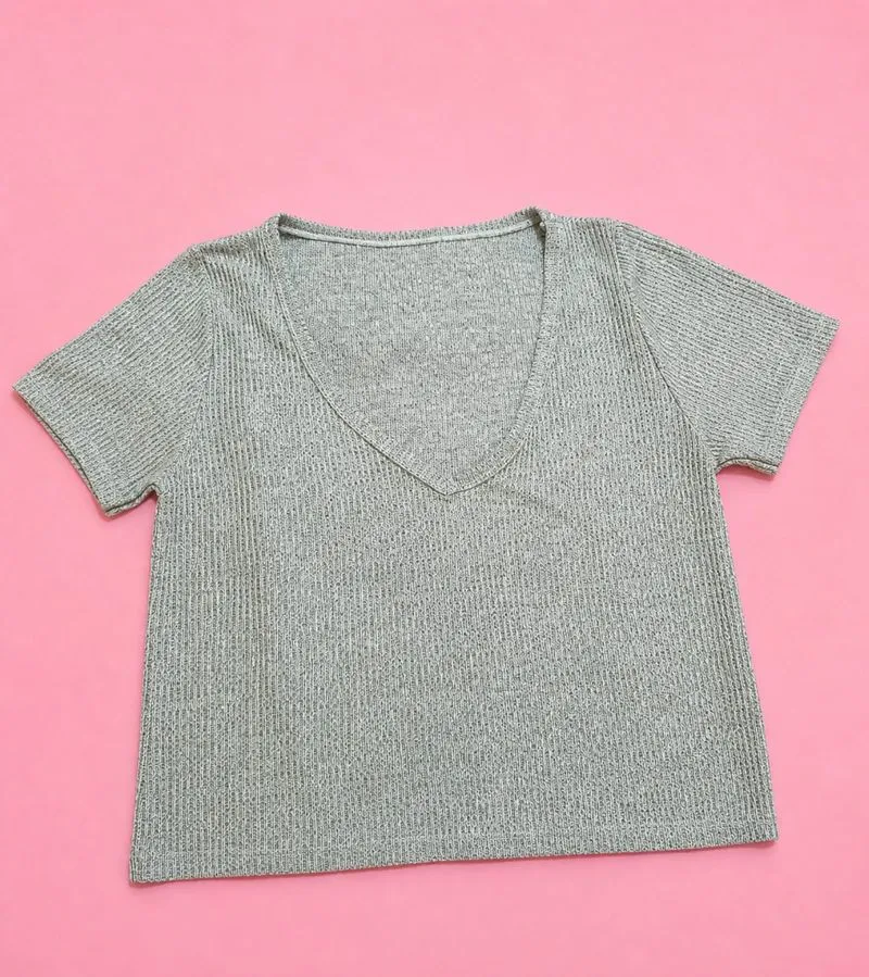 Grey Ribbed Crop Top VNeck photo 1