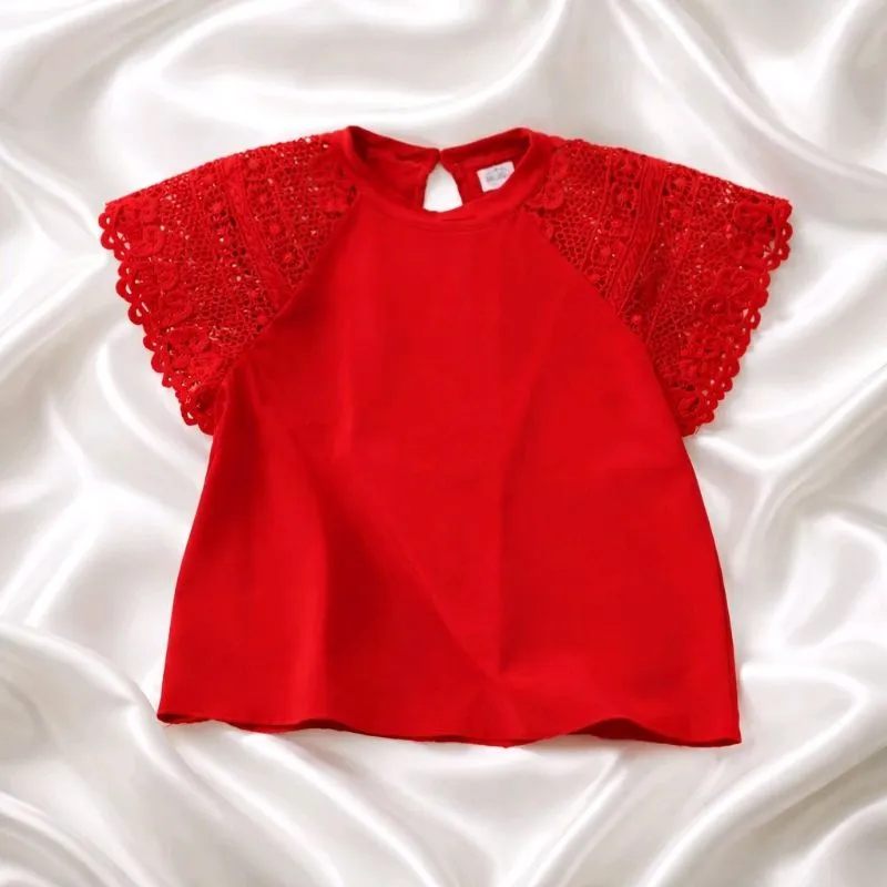 PRELOVED RED LACE SLEEVES TOP photo 1