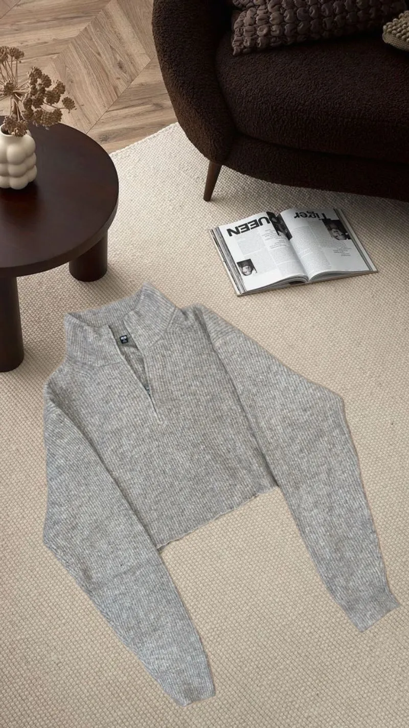 UNIQLO Ribbed Half Zip Knit – Abu-abu photo 1