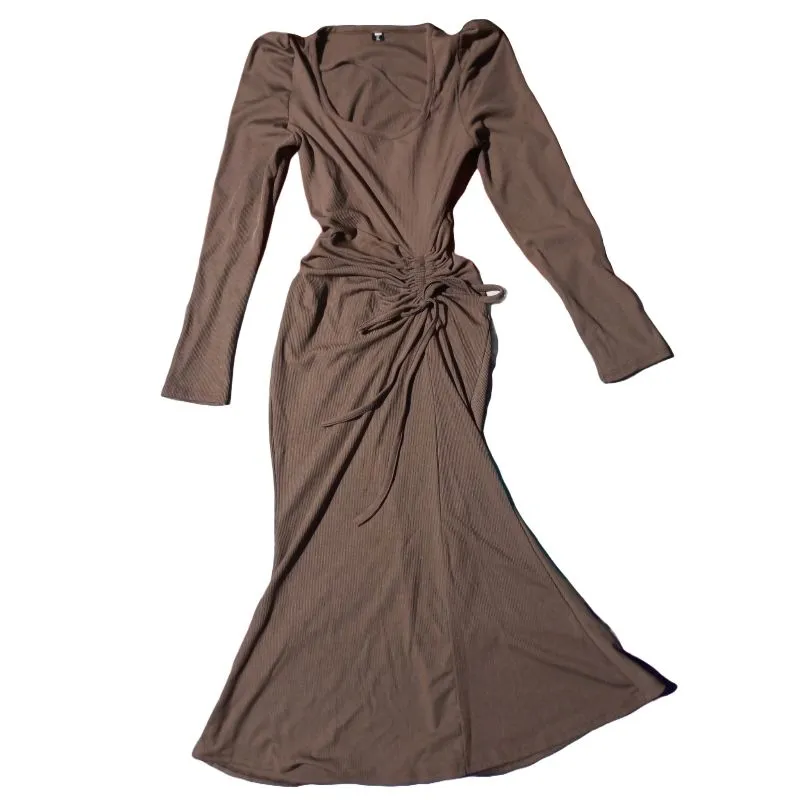 Brown Basic Knit Slim Long Sleeve Dress Bodycon photo 1