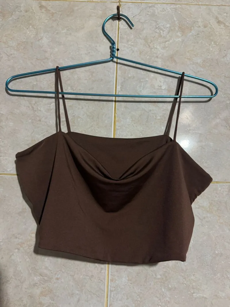 Brown Cowl Neck Crop Top – Spaghetti Strap Elegant Top  photo 1