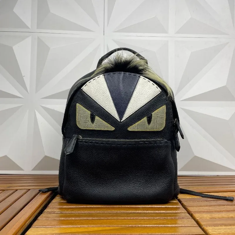 Fendi Monster Selleria Fur Trimmed Ransel Backpack hitam photo 1