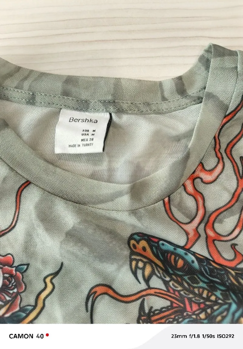 Bershka Mesh Long Sleeve Crop Top - Y2K Dragon Tattoo Graphi photo 1