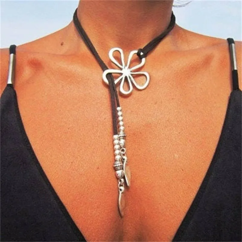 Silver Flower Pendant Black Suede Ribbon Ethnic Necklace  photo 1