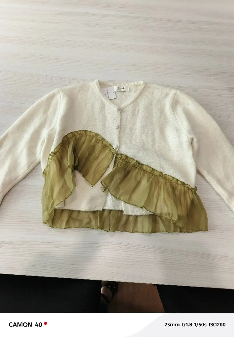 Nara Two-Tone Layered Ruffle Cardigan - Ivory & Olive photo 1