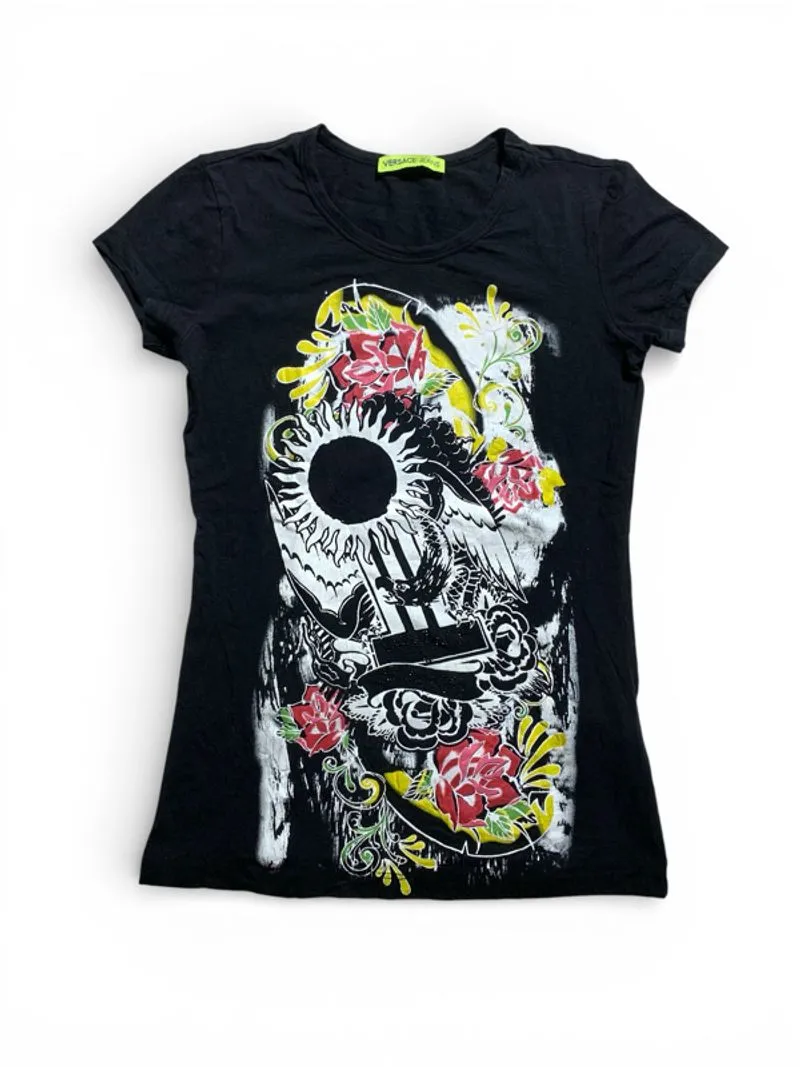 Versace jeans floral graphic & beads logo t shirt  photo 1
