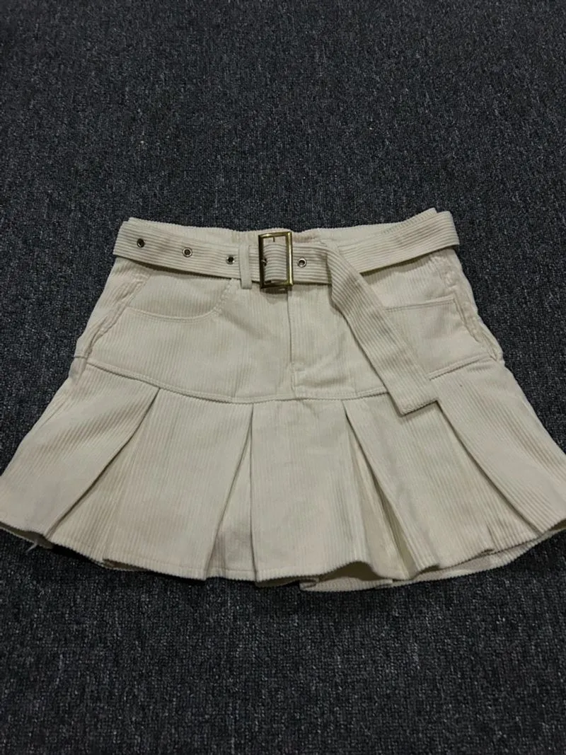 Broken White Corduroy Pleats Mini Skirt High Waist  photo 1