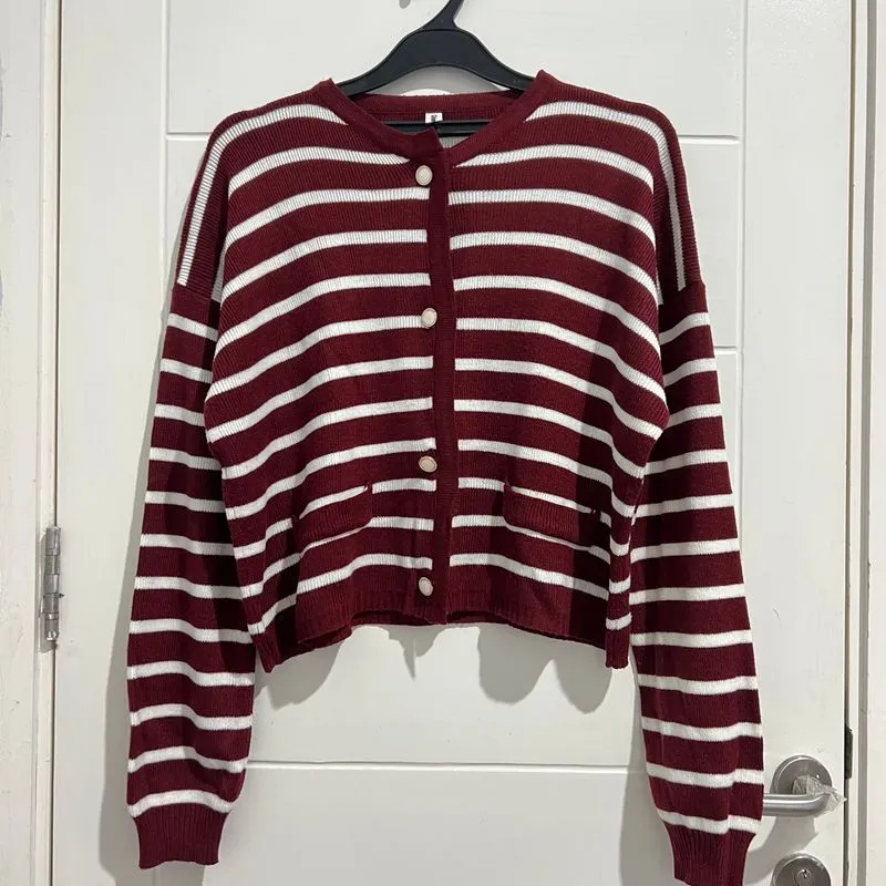 knit cardigan / stripe maroon red photo 1