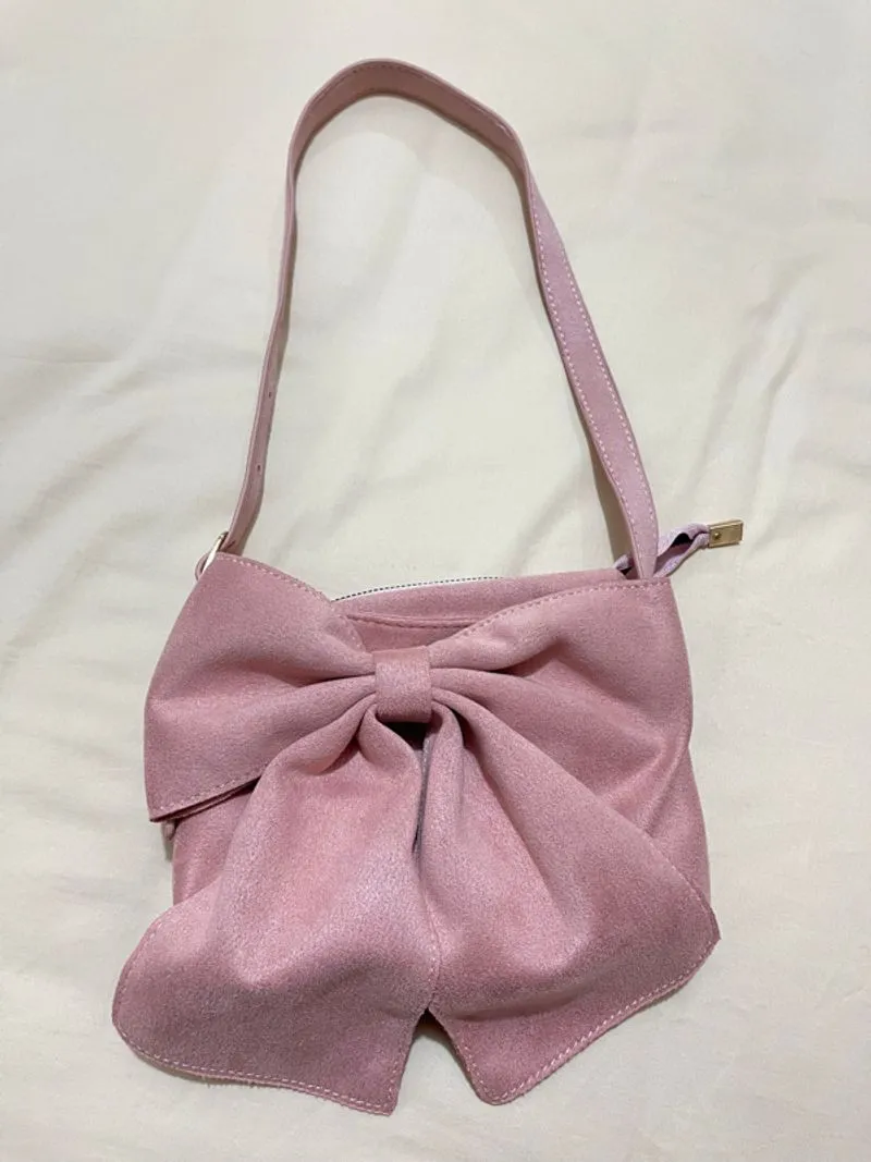 Pink Bow Suede Shoulder Bag Coquette Style photo 1