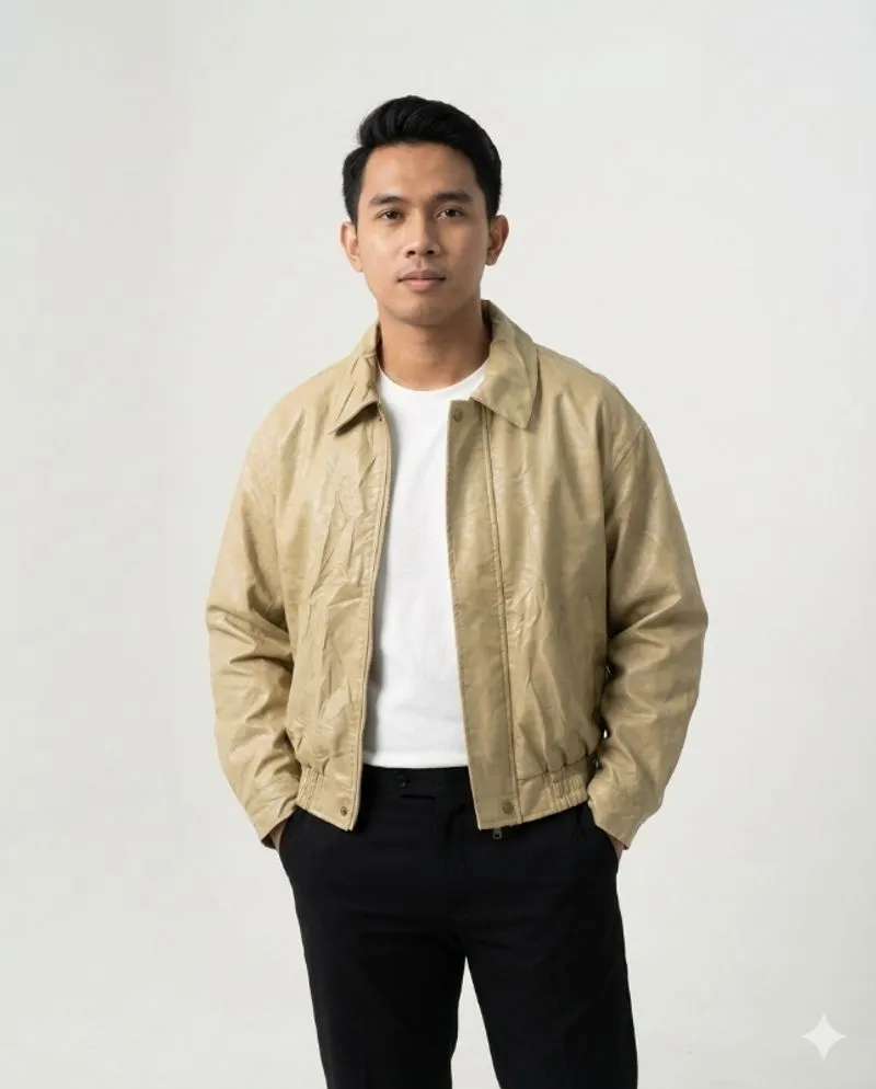 Casual heringten flight jaket bomber boxy kulit outfit photo 1
