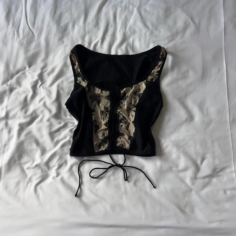 Vintage Y2k croptop kutung square neck press body hitam beig photo 1