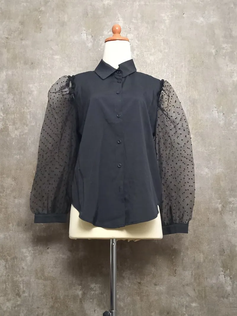 Blouse Hitam 3MONGKIS – Sheer Polkadot Sleeve | Revibe photo 1