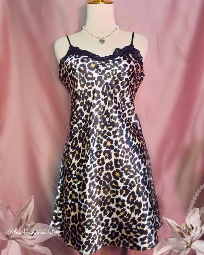 Leopard black satin slip dress nightgown photo 1