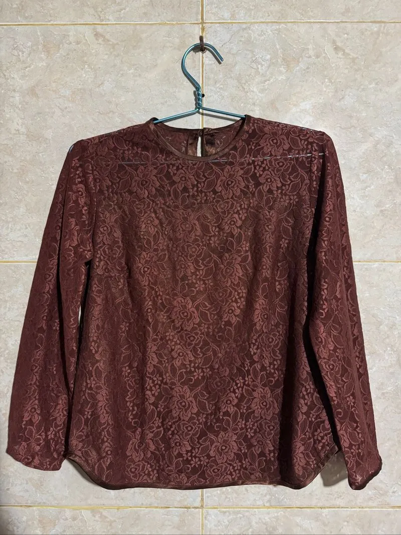 Blouse Brokat Wanita Coklat Elegan – Long Sleeve Lace Top Se photo 1