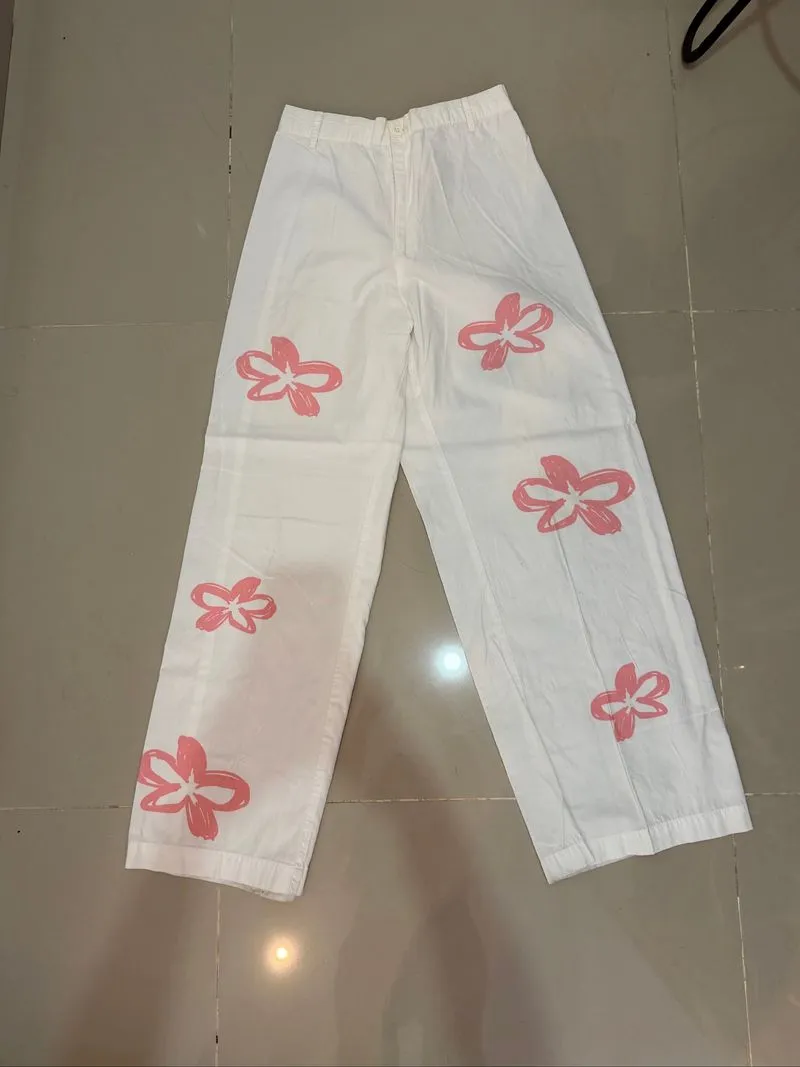 HANAKA Women White Wide Pants with Pink Flower Print photo 1