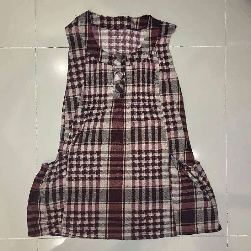 Vintage Plaid Sleeveless Tunic Dress – Burgundy Check Size M photo 1