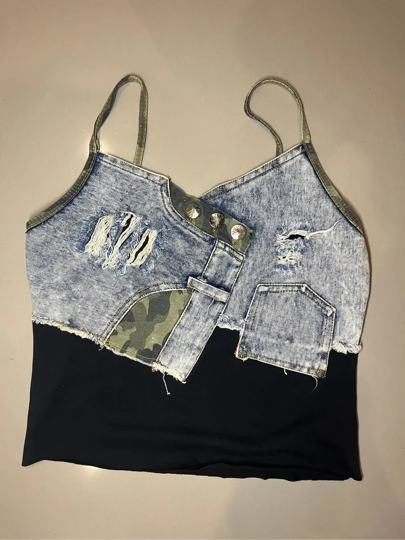 Patchwork Denim Cami Crop Top – Y2K Style photo 1
