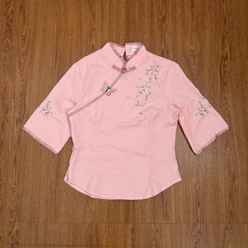 Pink floral butterfly cheongsam top photo 1