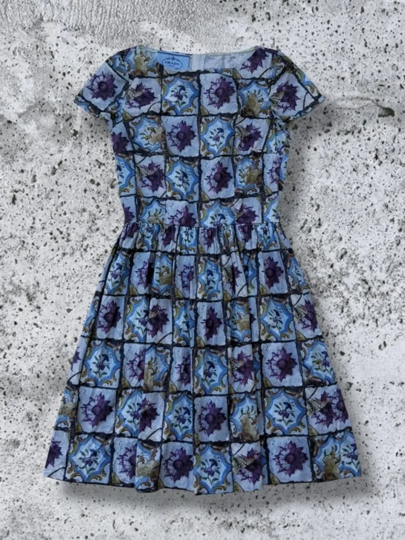 PRADA FLOWER ART DESIGN SHORT SLEEVE DRESS BLUE PURPLE photo 1