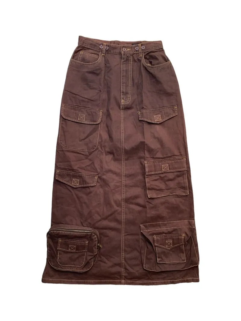 Maxi Skirt Multi Cargo Skirt Grunge Goth Skirt Wanita brown photo 1